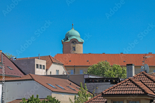Aerial view of the rooftops of spa city Podebrady, Czech Republic.
