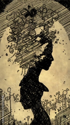 Silhouette Woman Portrait Sketch With Surreal Floral Hair, Double Profile And Dreamy Abstract Lines