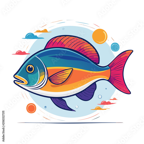 Colorful cartoon fish illustration with ocean elements