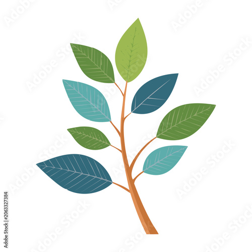 Flat design leafy branch with green and blue leaves