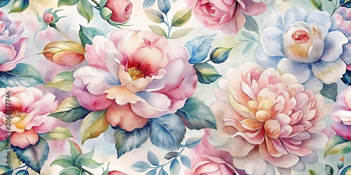 Soft watercolor peony flowers seamless pattern pastel floral background romantic botanical design