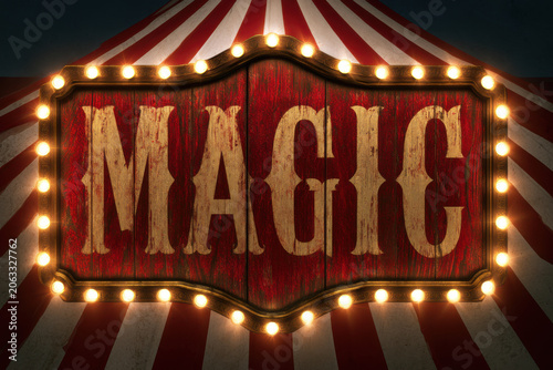 In Vintage Circus Magic, a weathered wooden sign boldly displays the word 