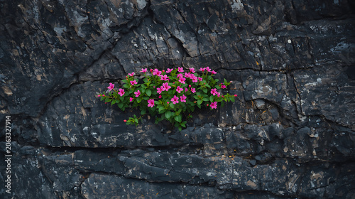 This image depicts small pink flowers growing directly out of a crack in a dark, textured stone wall