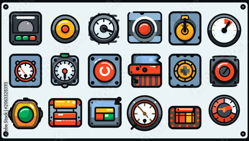 Collection of industrial control panel buttons.