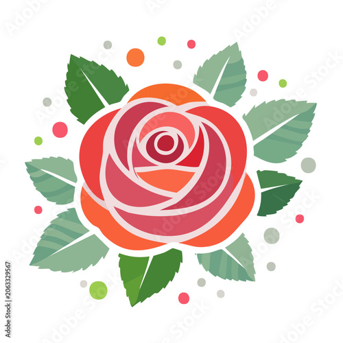 Flat design rose with leaves and decorative dots