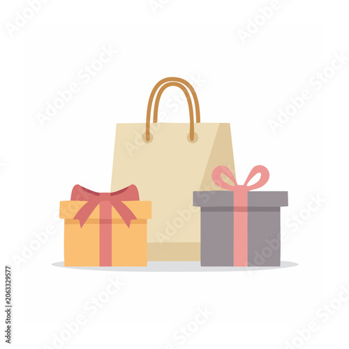 Flat design shopping bag and gift boxes illustration