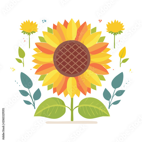 Flat design sun with flowers and leaves