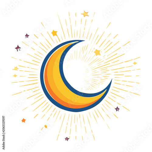 Flat design sun with rays and stars