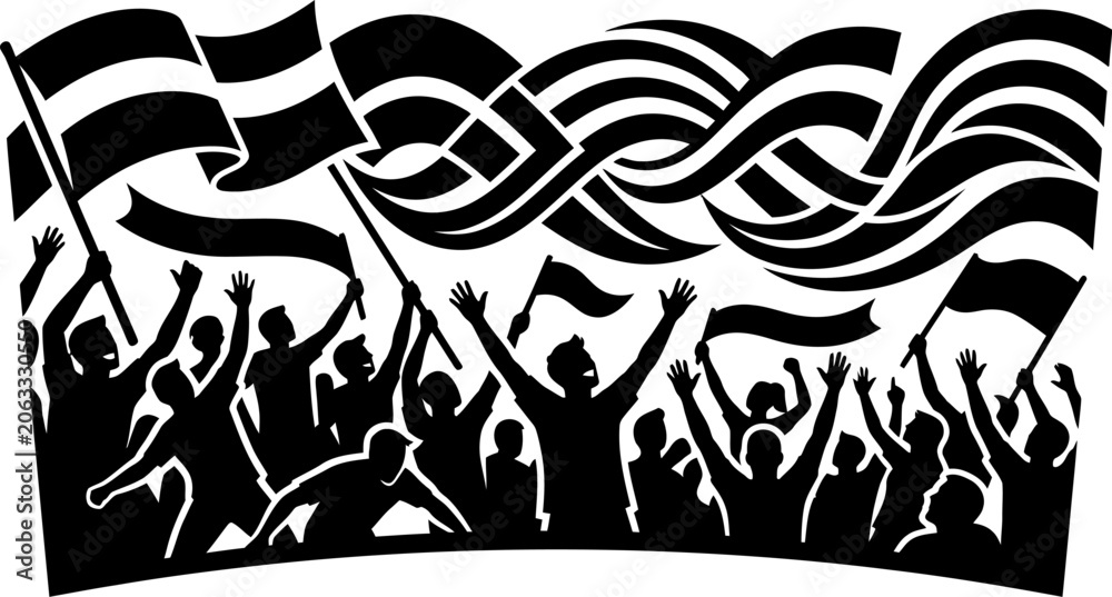 Obraz premium Soccer supporters crowd cheering and waving champion banners in global football tournament vector silhouette