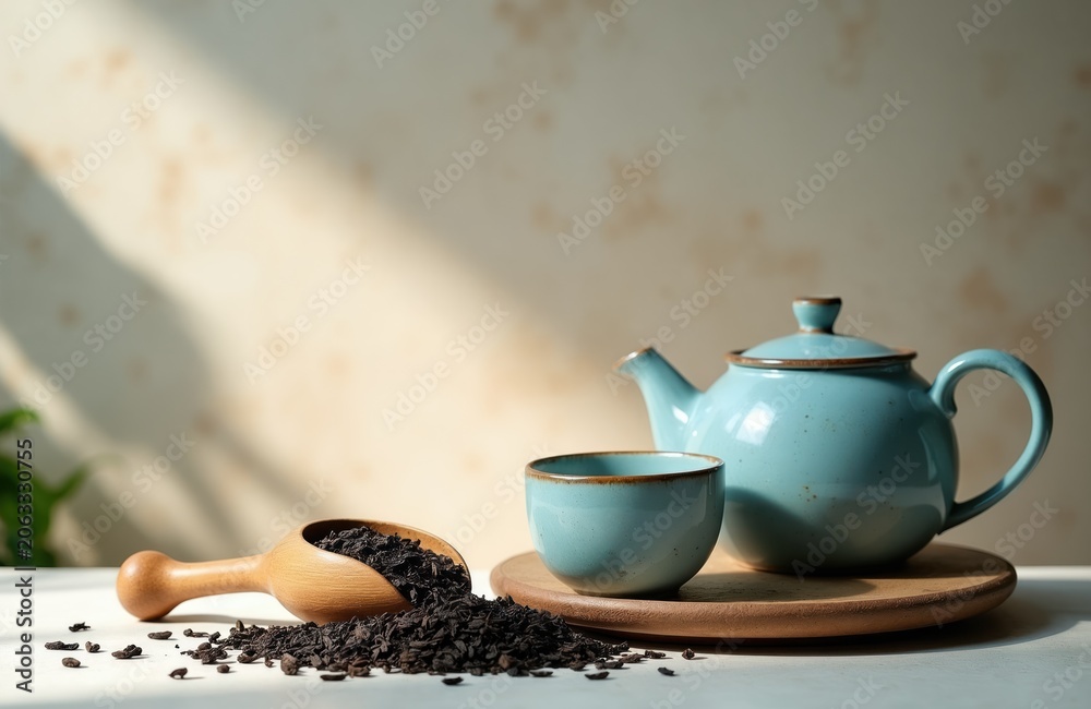 Fototapeta premium Light blue tea set with teapot cup sits on wooden plate. Wooden scoop overflows with dark tea leaves. Morning sun casts shadows on beige wall behind.
