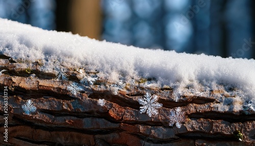 tiny flakes cling to every nook and cranny on the rugged surface of a snow covered tree trunk rough snowflakes