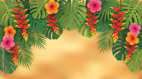 Tropical Floral Border with Hibiscus and Monstera Leaves