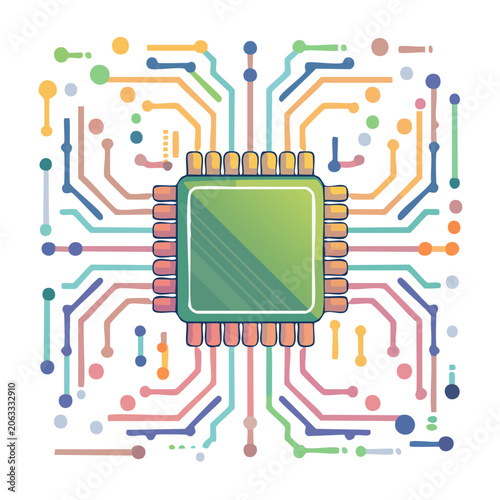 Flat design microchip with colorful circuit lines