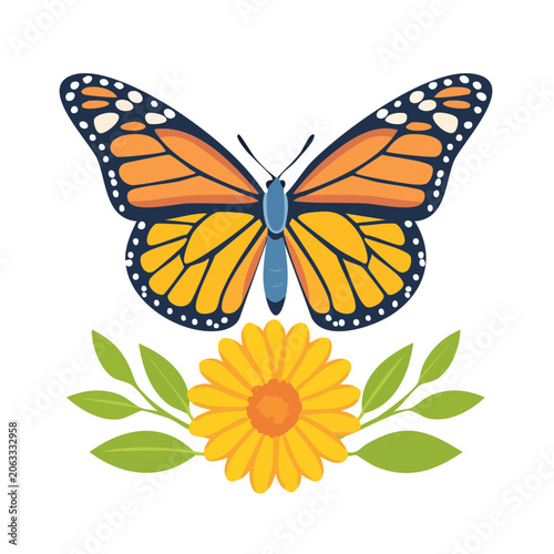 Monarch Butterfly and Flower Flat Illustration