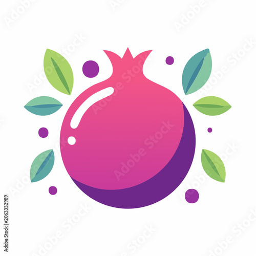 Stylized Pomegranate Icon with Leaves and Dots