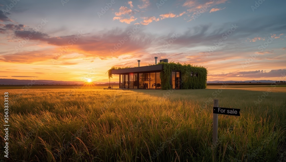 Fototapeta premium Sustainable home in open land during sunset, idea for building and property