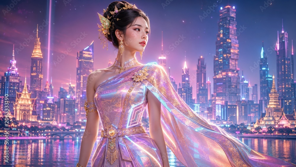Fototapeta premium Thai Futurism: Elegant woman in a glowing traditional dress overlooks a neon-lit cyberpunk Bangkok cityscape, a fusion of cultural heritage and sci-fi technology.