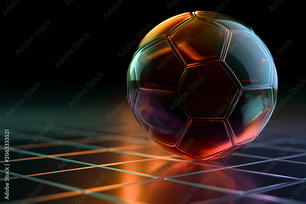 Naklejka premium Glossy futuristic soccer ball on a dark reflective grid with neon orange, blue, and teal lighting, suggesting technology, competition, and modern sport energy.