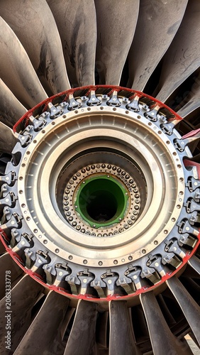 Close-up detail of aircraft turbofan engine fan blades assembly during overhaul maintenance, highlighting aviation industry standards, technical inspection, and operational safety