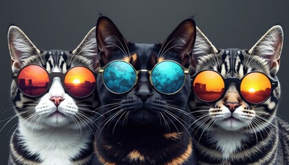 Three cool cats wear retro round sunglasses reflecting city skylines and sunsets. Feline friends pose together looking stylish and fashionable. Ready for party fun or summer vibes.