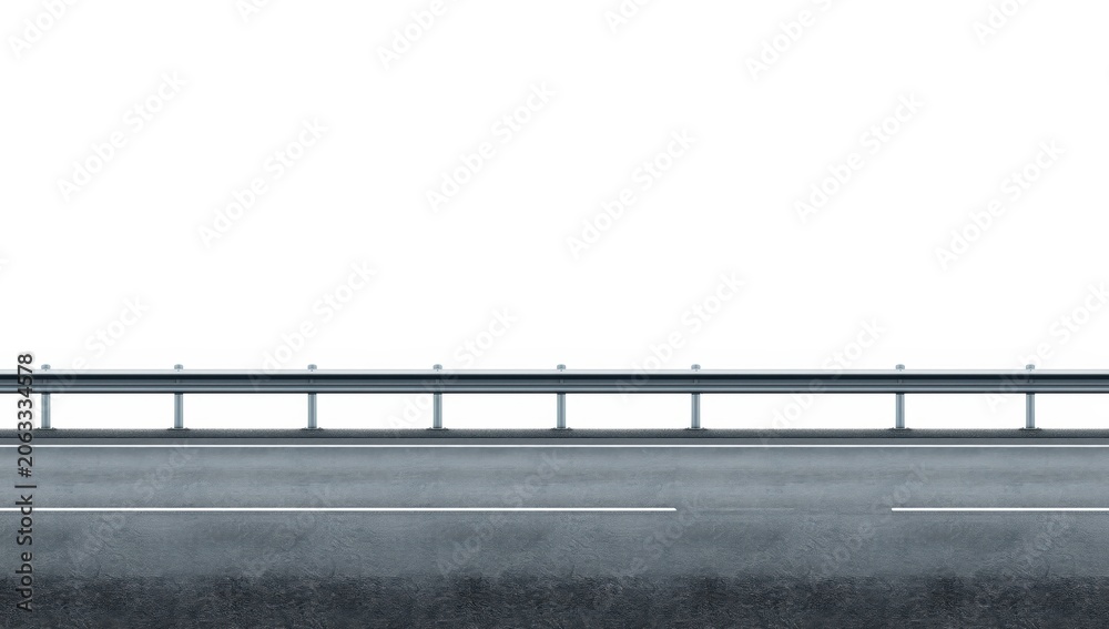 Obraz premium Isolated highway guardrail on white backdrop, panoramic perspective. Road barrier, dividing lane