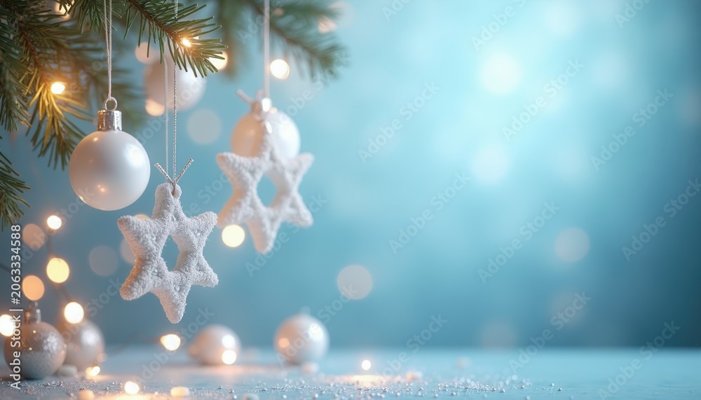 Fototapeta premium White stars and balls hang on fir tree branches with warm lights. Snowy surface and soft blue background create festive holiday mood. Gentle bokeh effect.