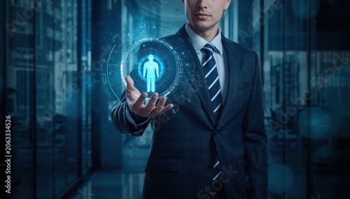 Entrepreneur shielding a digital human symbol for targeted clientele or talent acquisition and growth idea