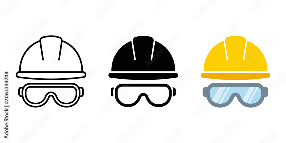Fototapeta premium Safety gear icon set, hard hat and protective goggles, construction equipment symbol, personal protective equipment vector illustration