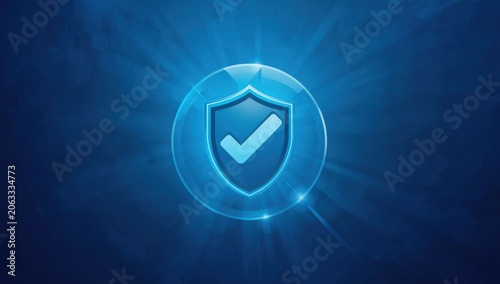 Guardianship. Medical care. Coverage. Shield with a check mark within a transparent sphere featuring a hexagonal design on a blue backdrop