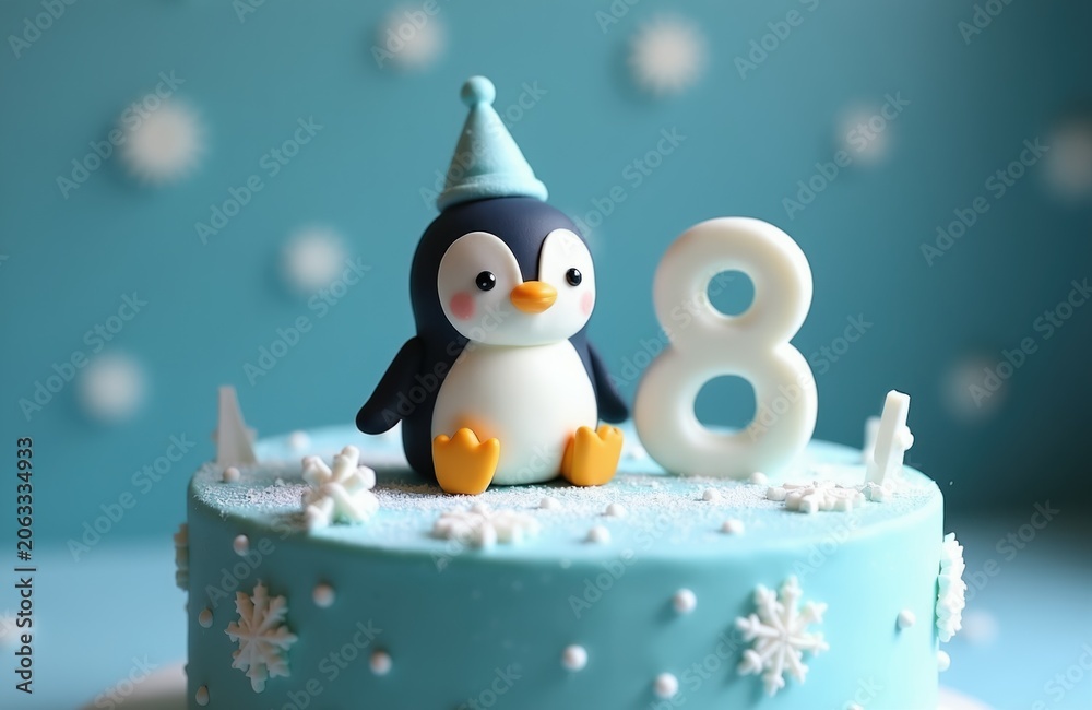 Obraz premium Cute penguin figurine sits on blue birthday cake with number eight topper. Snowflakes decorate cake and soft focus background. Fun party dessert.