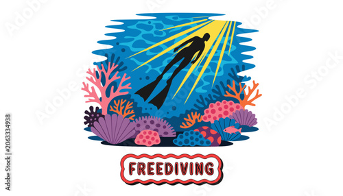 Foto Very beautiful colorful vector illustration featuring a FREEDIVER descending gra