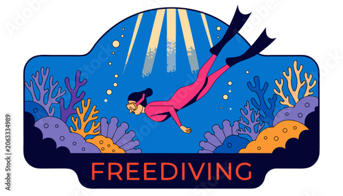 Fotografija Very beautiful colorful vector illustration featuring a FREEDIVER descending gra
