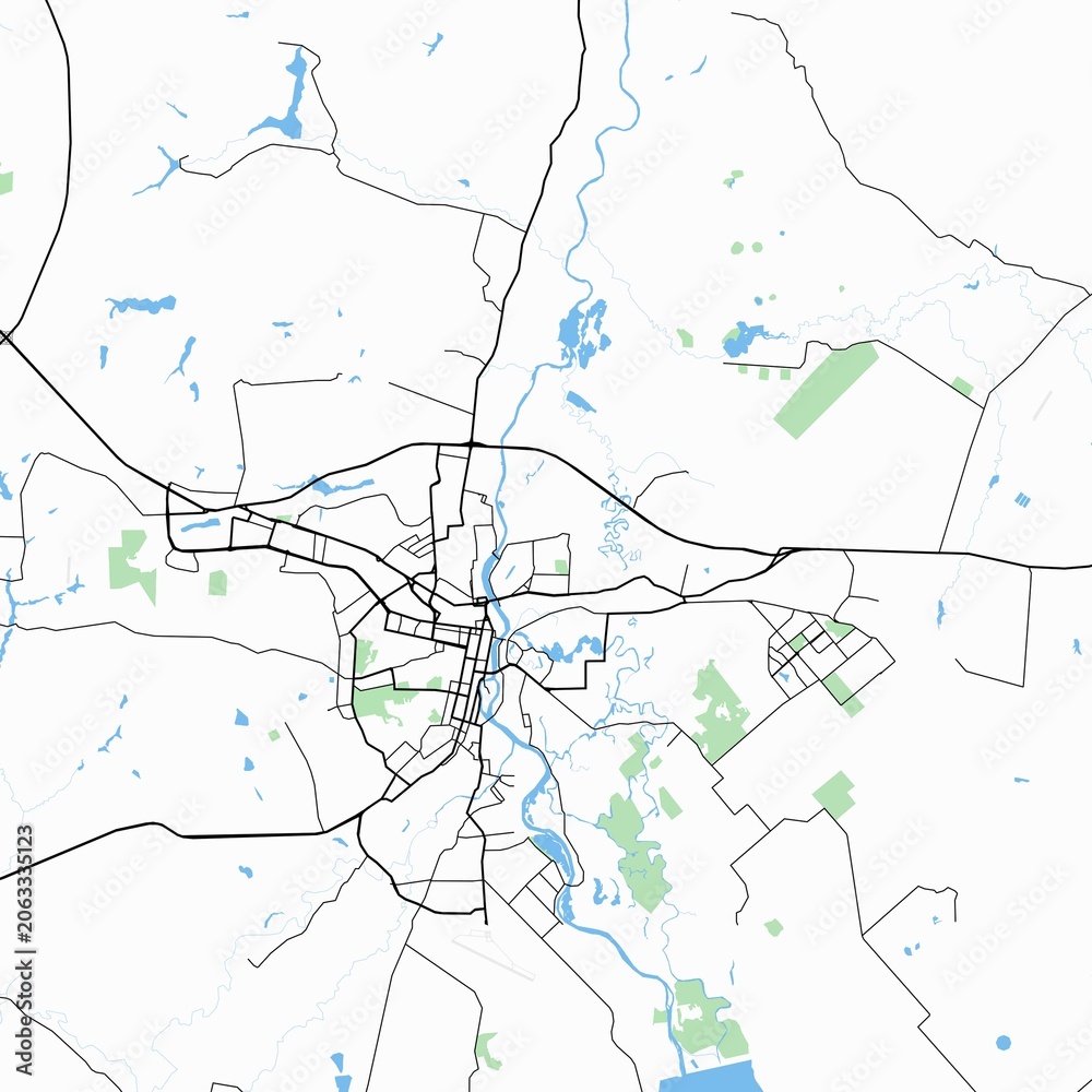 Fototapeta premium Detailed city map of Penza, Russia, showing streets, major roads, waterways, parks and urban infrastructure. Clean cartographic design suitable for navigation, travel, transportation and geographic 