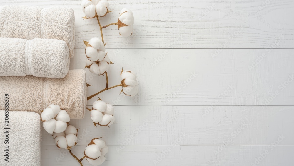 Fototapeta premium Top view of rolled terry towels with empty space, adorned with cotton flowers on a white wooden surface. Spa and skincare product display