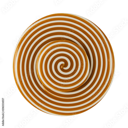 Concentric circular spiral pattern with white and caramel brown swirls on a glossy surface, abstract hypnotic with liquid texture