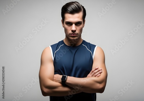 A physically fit young male athlete with groomed hair stares intensely while wearing a navy performance jersey and a digital timepiece on his muscular arm as he stands confidently for his
