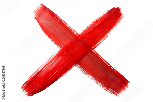 Bold red paint brush stroke forming an x symbol representing rejection error or cancellation concept with thick textured artistic pigment marks isolated on a transparent background