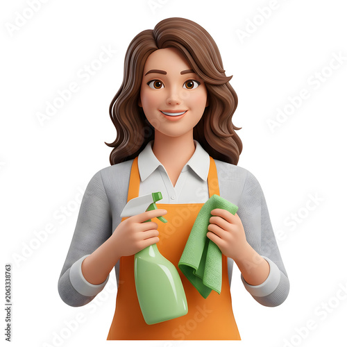 Cartoon woman cleaning with spray and cloth