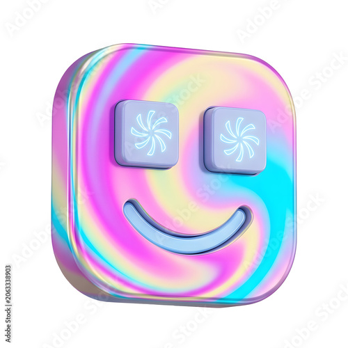 Holographic smiley face icon with glowing eyes on white background