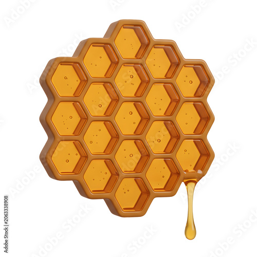 Honeycomb with dripping honey on white background