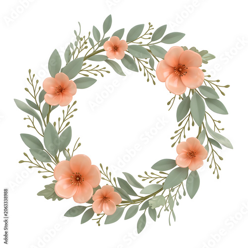 Peach Flower and Green Leaf Wreath Illustration