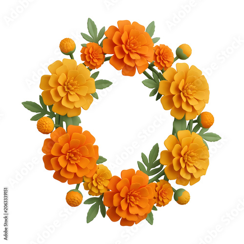 Realistic Marigold Flower Wreath on Transparent Background
