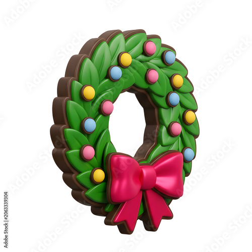 Stylized Christmas Wreath with Bow and Ornaments