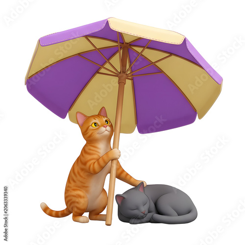 Two cartoon cats resting under a colorful umbrella