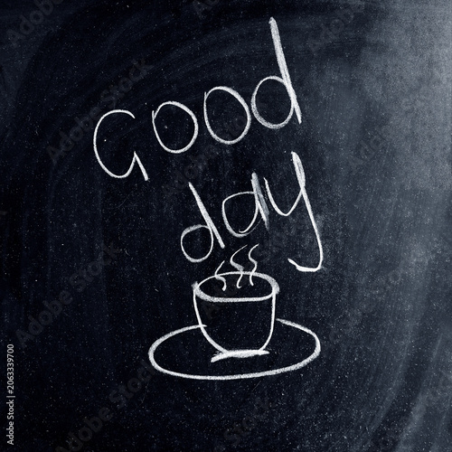 Chalkboard art showing a cup and text wishing a good day in a cafe setting