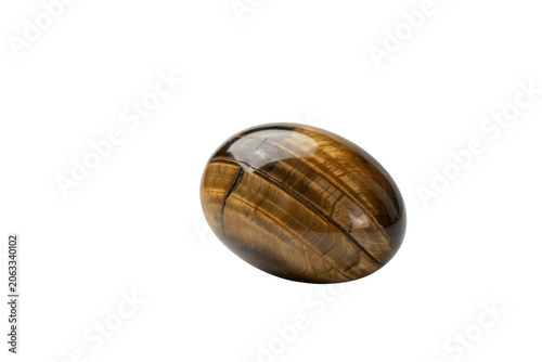 Polished oval tiger eye gemstone with golden brown chatoyant bands and smooth surface texture isolated on a plain white background