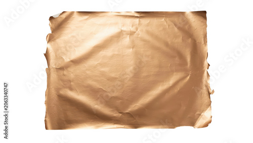 Rectangular sheet of crumpled copper metallic foil, shiny reflective texture with creases and folds, isolated on a plain , flat view