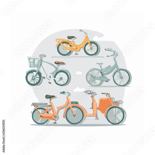 Flat Design Illustration of Various Bicycles and Scooters
