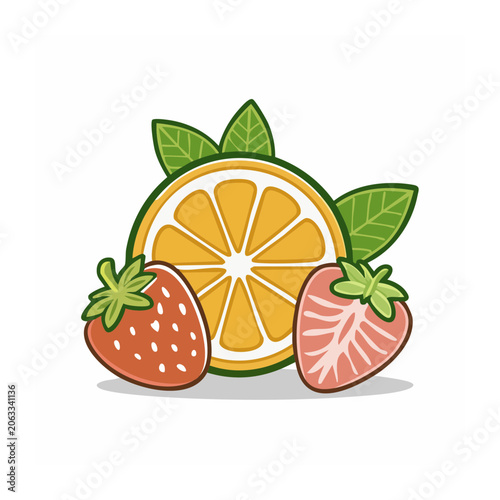 Flat Design Illustration of Orange Slice and Strawberries