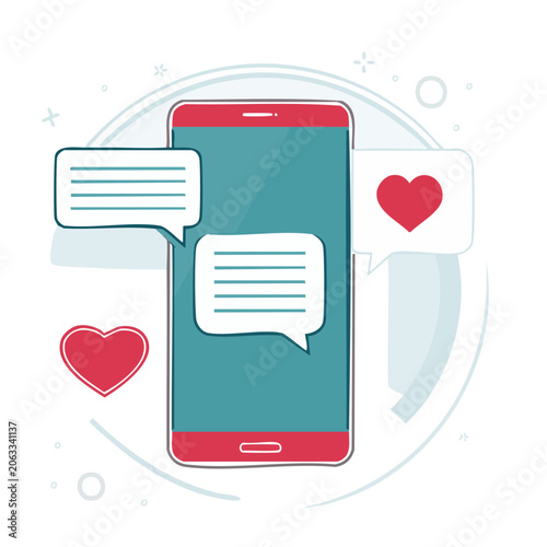 Flat design smartphone with chat bubbles and heart icons